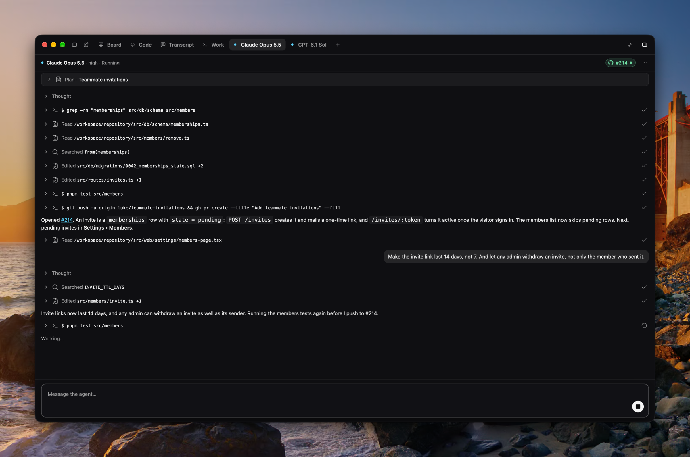 A coding agent's tab full screen, mid-run, with what it read, edited, and tested, a steer from the developer, its pull request in the head, and the message box with Stop.